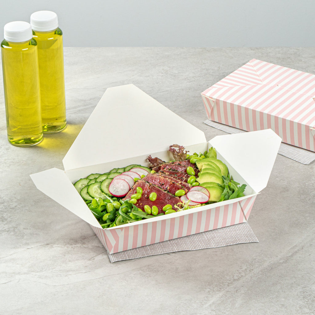 Bio Tek 49 oz Rectangle Pink and White Stripe Paper #2 Bio Box Take Out Container - 8 1/2" x 6 1/4" x 2" -50 count box