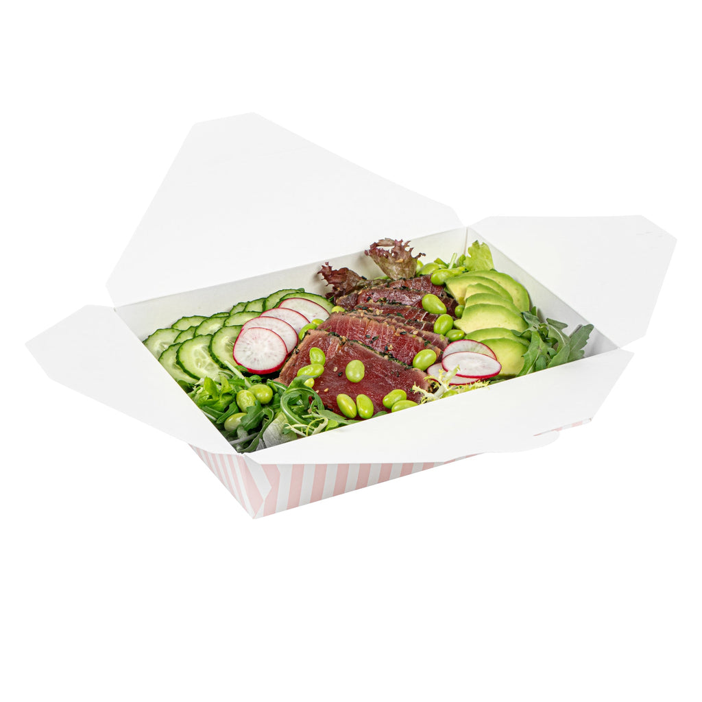 Bio Tek 49 oz Rectangle Pink and White Stripe Paper #2 Bio Box Take Out Container - 8 1/2" x 6 1/4" x 2" -50 count box