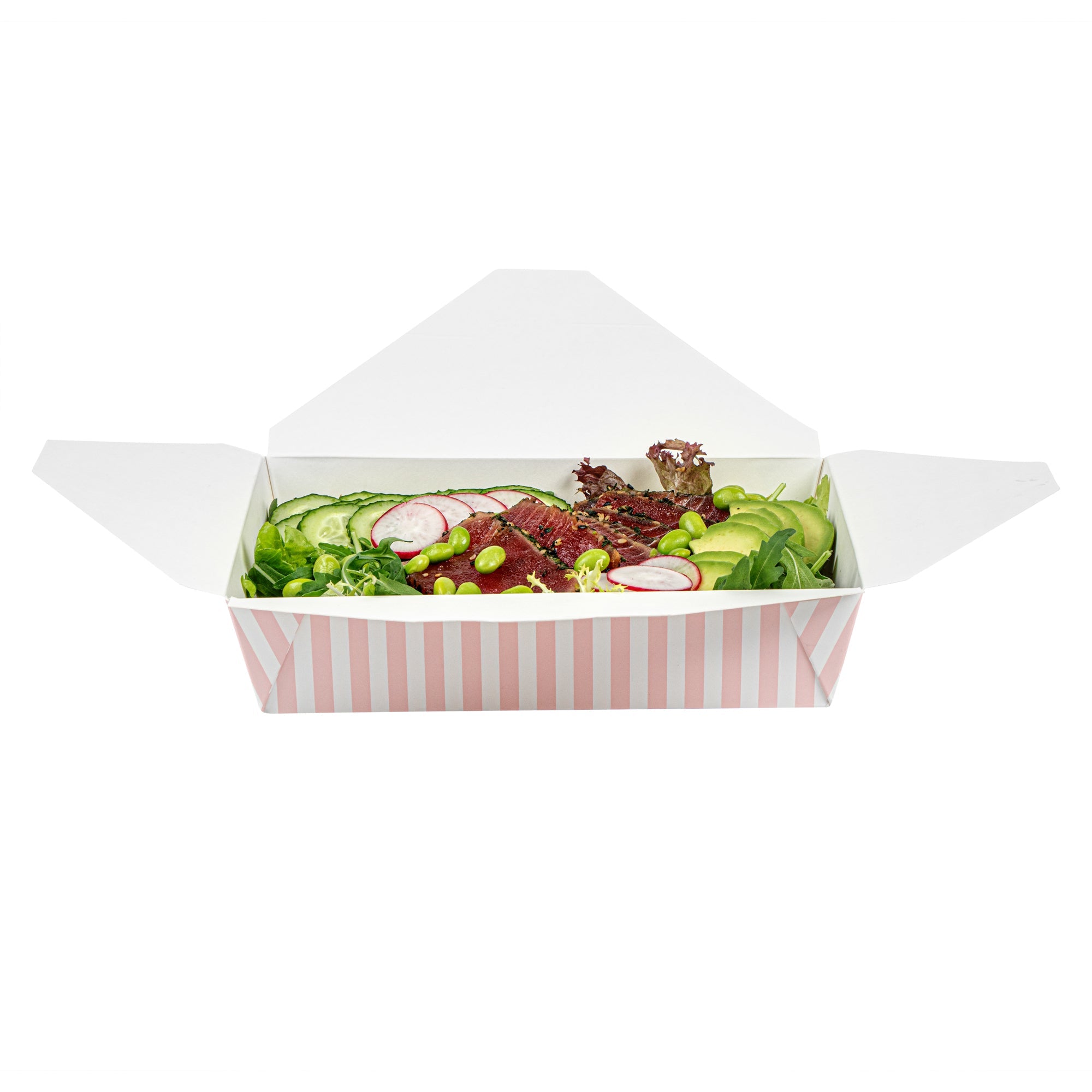 Bio Tek 49 oz Rectangle Pink and White Stripe Paper #2 Bio Box Take Out Container - 8 1/2" x 6 1/4" x 2" -50 count box