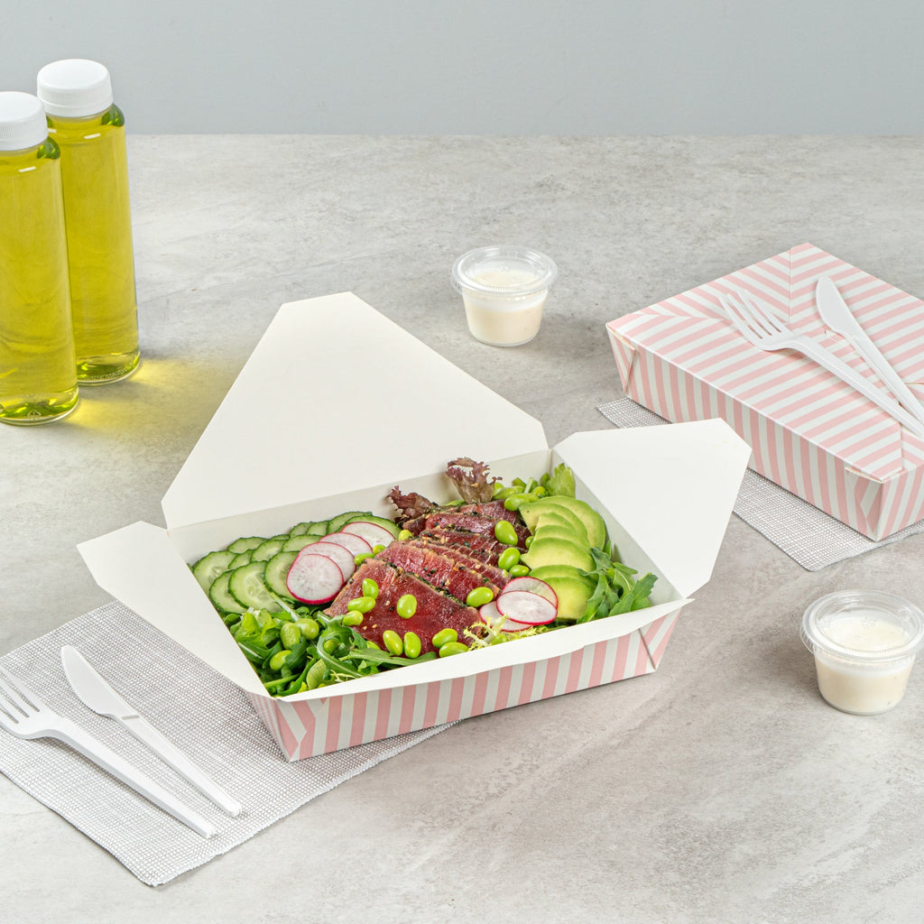 Bio Tek 49 oz Rectangle Pink and White Stripe Paper #2 Bio Box Take Out Container - 8 1/2" x 6 1/4" x 2" -50 count box
