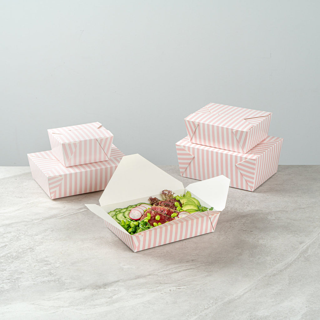 Bio Tek 49 oz Rectangle Pink and White Stripe Paper #2 Bio Box Take Out Container - 8 1/2" x 6 1/4" x 2" -50 count box