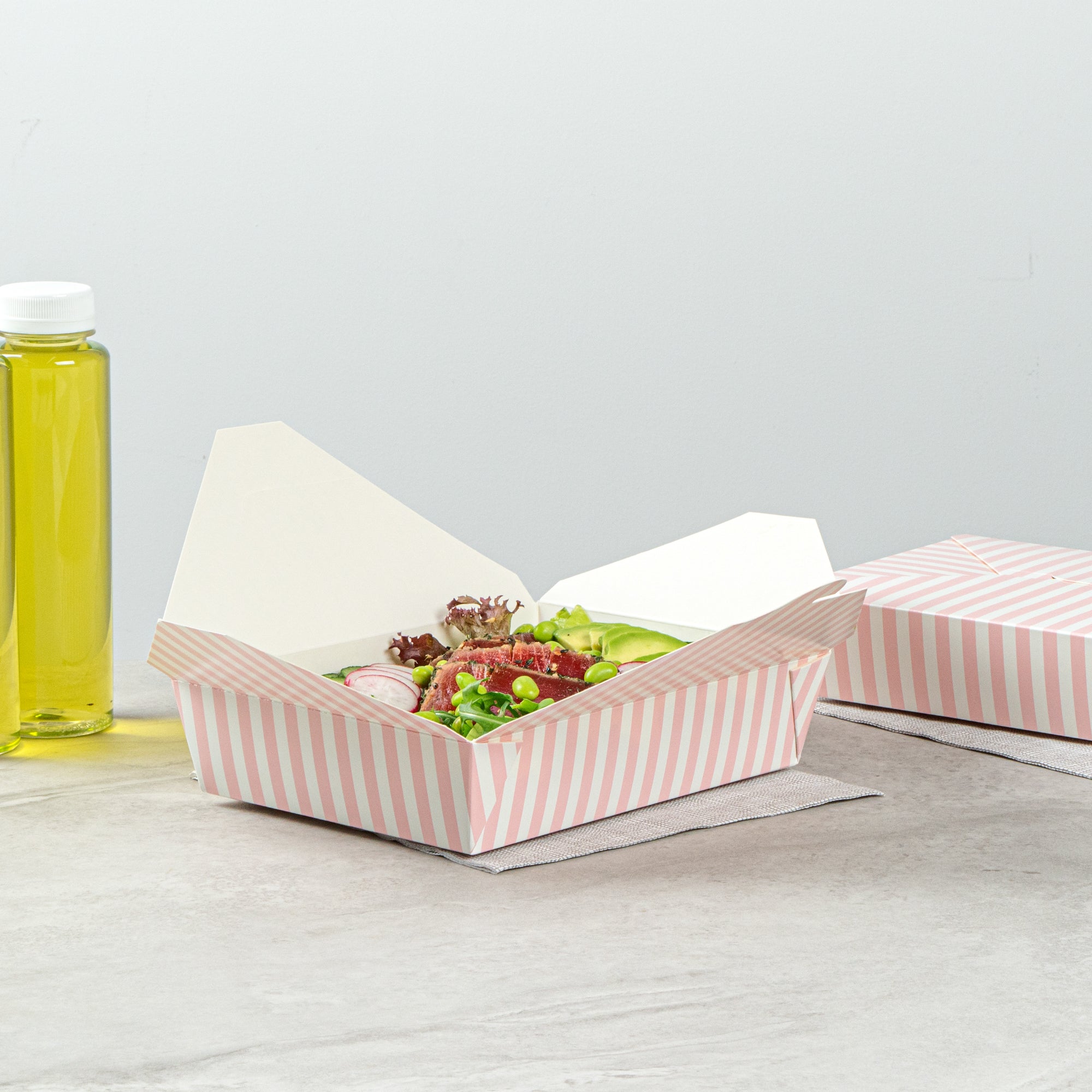 Bio Tek 49 oz Rectangle Pink and White Stripe Paper #2 Bio Box Take Out Container - 8 1/2" x 6 1/4" x 2" - 200 count box