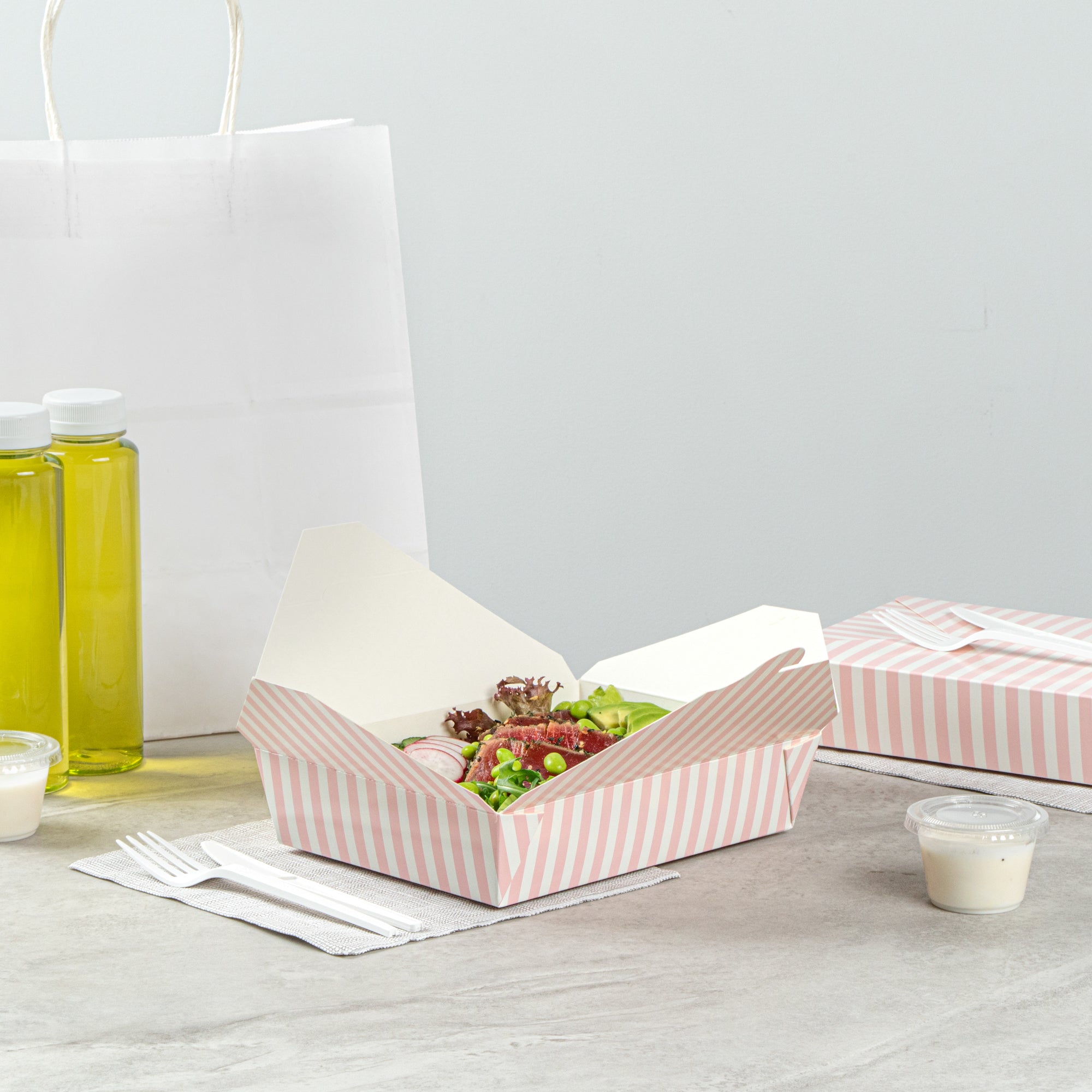 Bio Tek 49 oz Rectangle Pink and White Stripe Paper #2 Bio Box Take Out Container - 8 1/2" x 6 1/4" x 2" - 200 count box