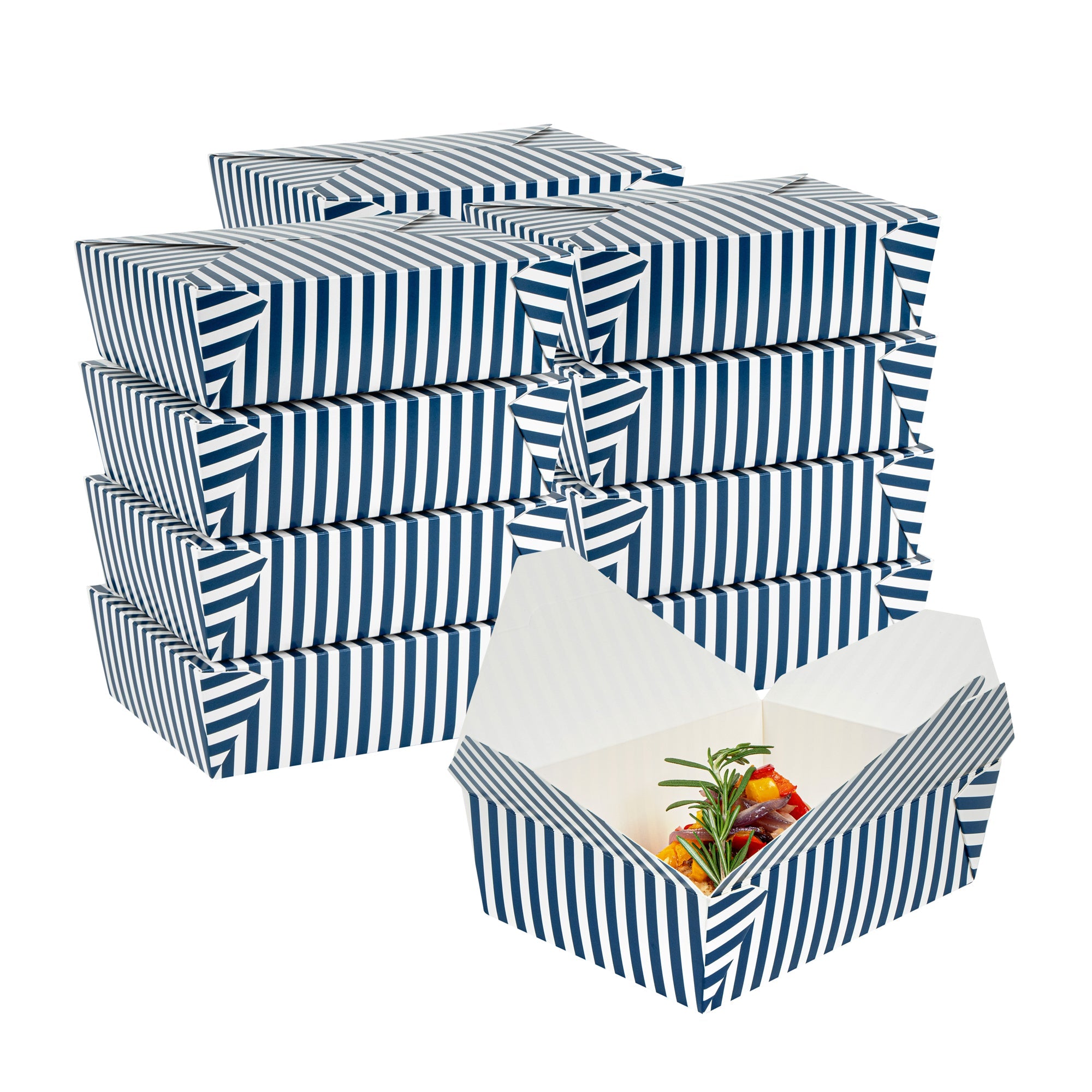 Bio Tek 71 oz Rectangle Blue and White Stripe Paper #3 Bio Box Take Out Container - 8 1/2" x 6 1/4" x 2 1/2" -50 count box