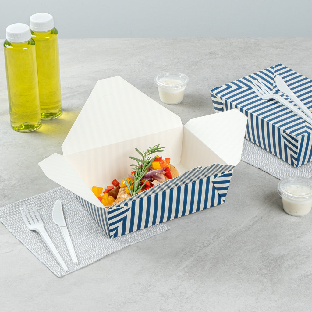 Bio Tek 71 oz Rectangle Blue and White Stripe Paper #3 Bio Box Take Out Container - 8 1/2" x 6 1/4" x 2 1/2" -50 count box