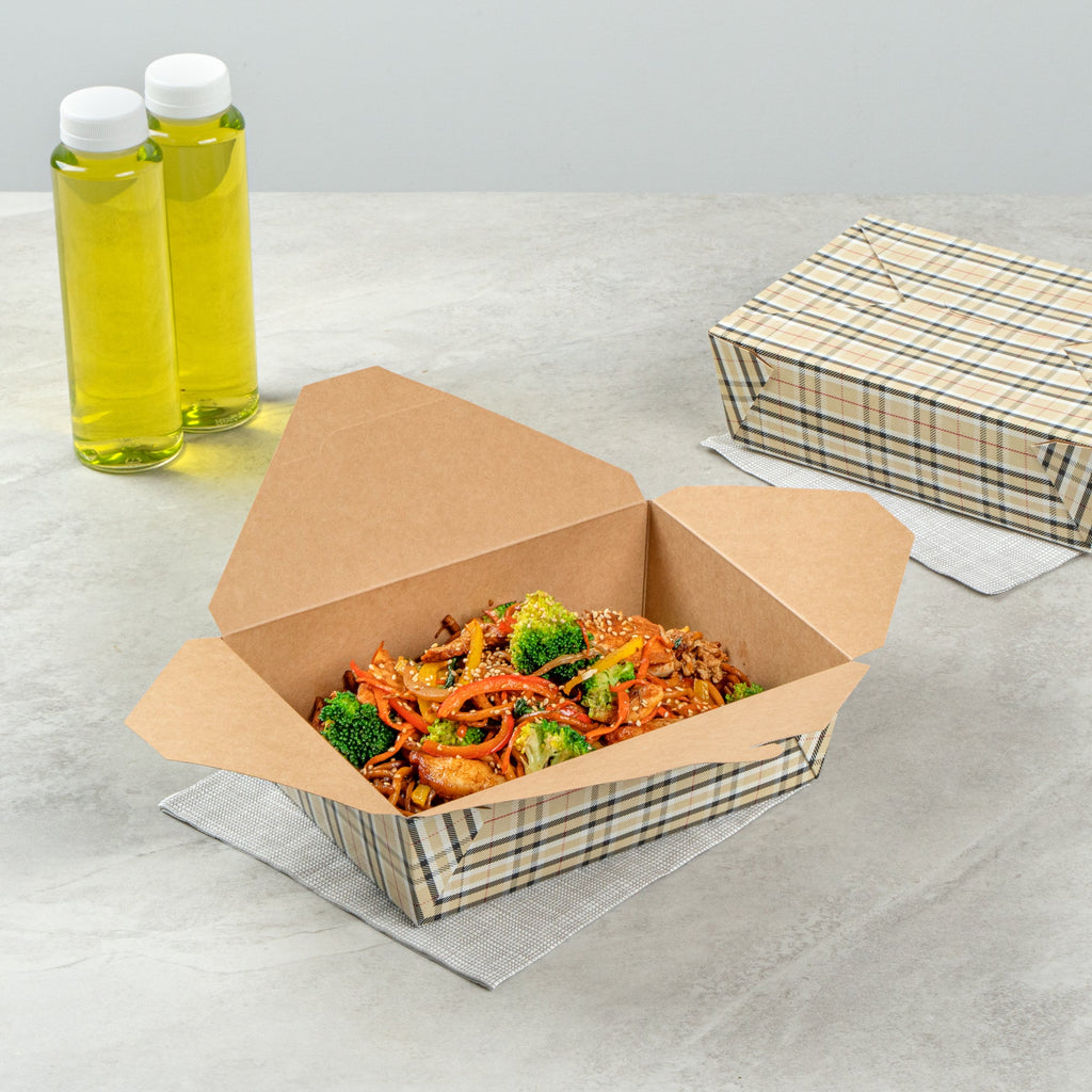 Bio Tek 71 oz Rectangle Plaid Paper #3 Bio Box Take Out Container - 8 1/2" x 6 1/4" x 2 1/2" - 200 count box