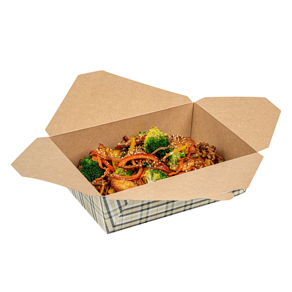 Bio Tek 71 oz Rectangle Plaid Paper #3 Bio Box Take Out Container - 8 1/2" x 6 1/4" x 2 1/2" -50 count box