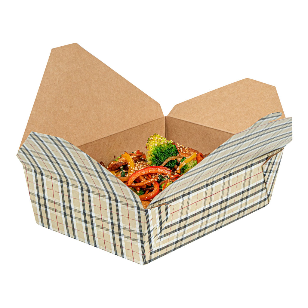 Bio Tek 71 oz Rectangle Plaid Paper #3 Bio Box Take Out Container - 8 1/2" x 6 1/4" x 2 1/2" -50 count box