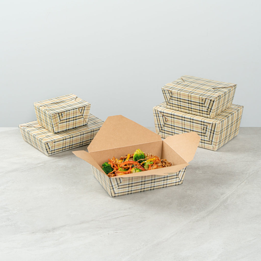 Bio Tek 71 oz Rectangle Plaid Paper #3 Bio Box Take Out Container - 8 1/2" x 6 1/4" x 2 1/2" -50 count box