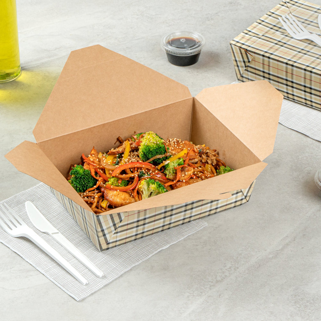 Bio Tek 71 oz Rectangle Plaid Paper #3 Bio Box Take Out Container - 8 1/2" x 6 1/4" x 2 1/2" - 200 count box