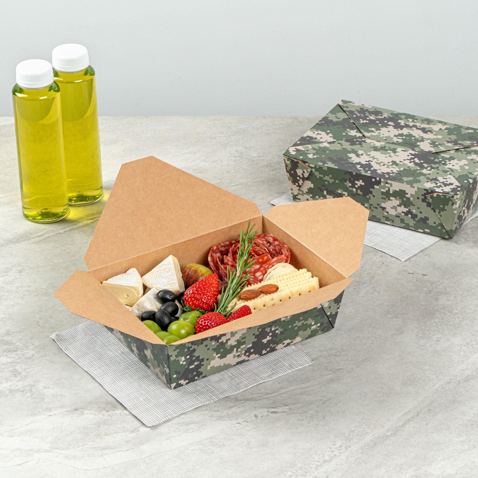 Bio Tek 71 oz Rectangle Camouflage Paper #3 Bio Box Take Out Container - 8 1/2" x 6 1/4" x 2 1/2" - 200 count box