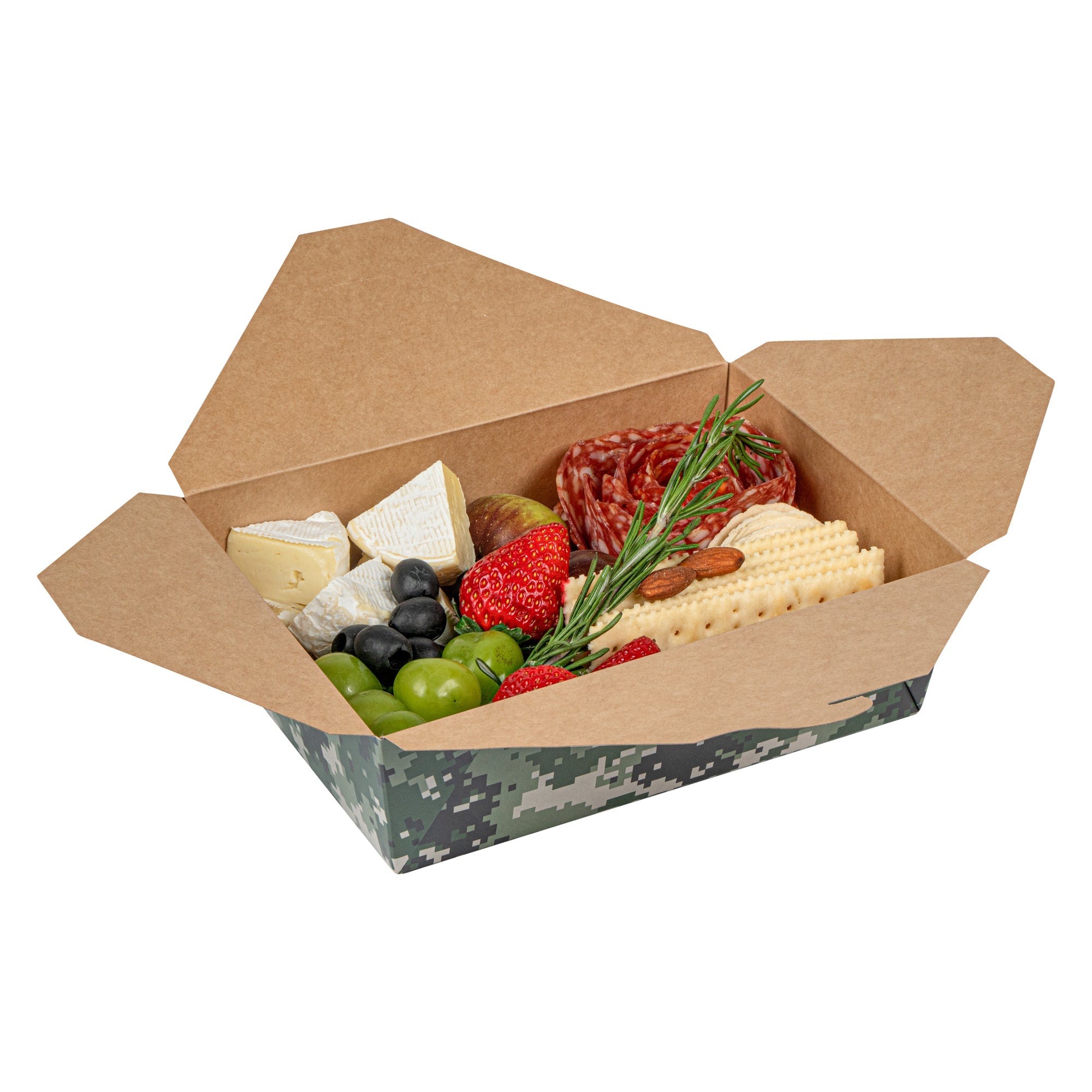 Bio Tek 71 oz Rectangle Camouflage Paper #3 Bio Box Take Out Container - 8 1/2" x 6 1/4" x 2 1/2" -50 count box