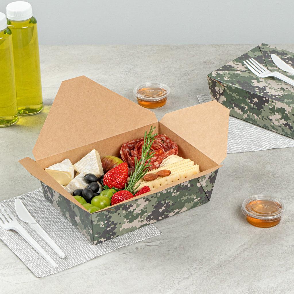 Bio Tek 71 oz Rectangle Camouflage Paper #3 Bio Box Take Out Container - 8 1/2" x 6 1/4" x 2 1/2" - 200 count box
