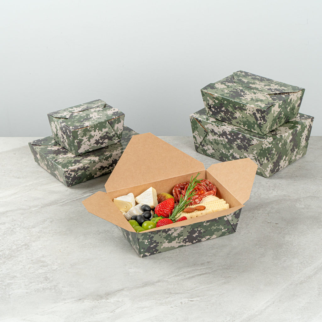 Bio Tek 71 oz Rectangle Camouflage Paper #3 Bio Box Take Out Container - 8 1/2" x 6 1/4" x 2 1/2" - 200 count box