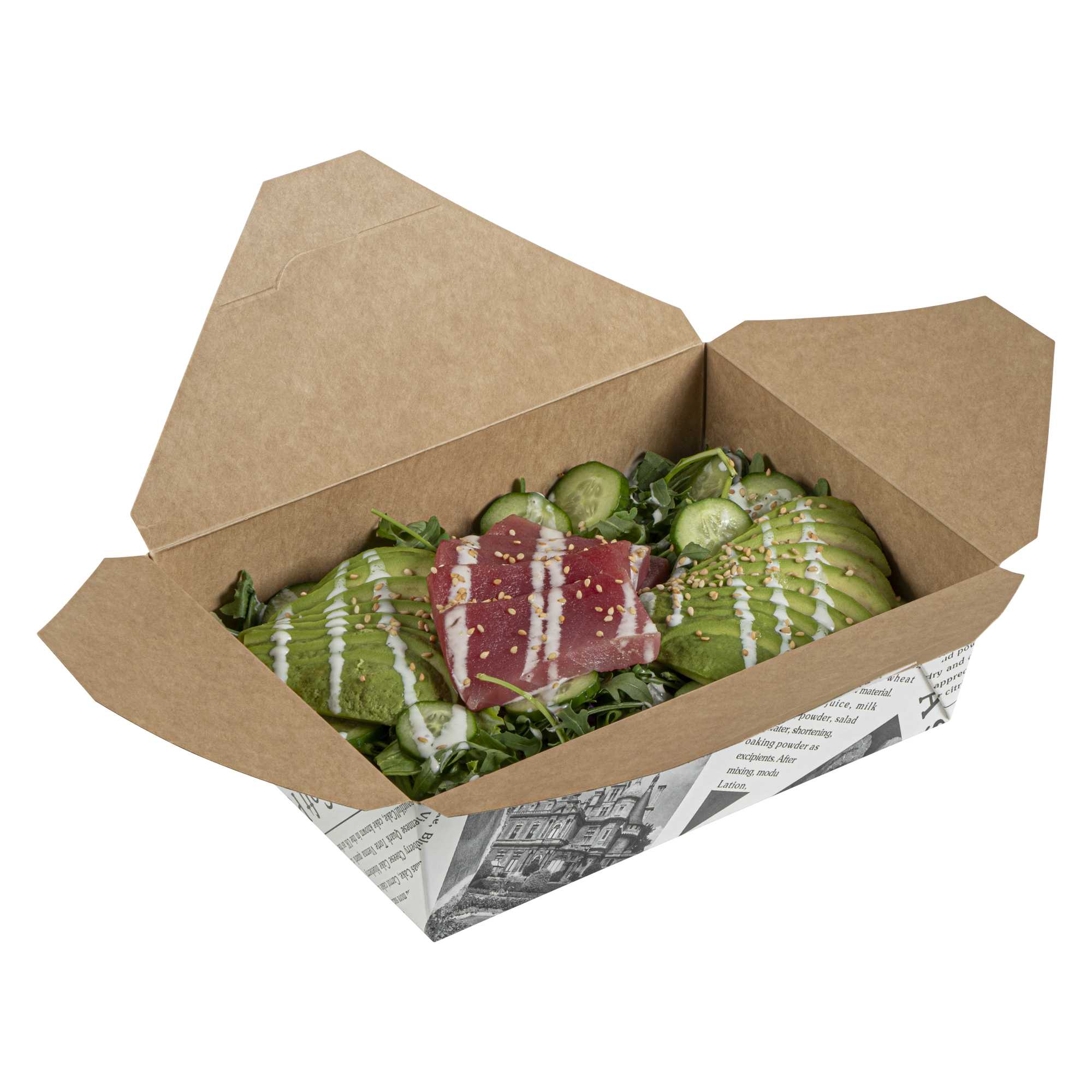 Bio Tek 71 oz Rectangle Newsprint Paper Bio Box Take Out Container - 8 1/2" x 6 1/4" x 2 1/2" - 50 count box