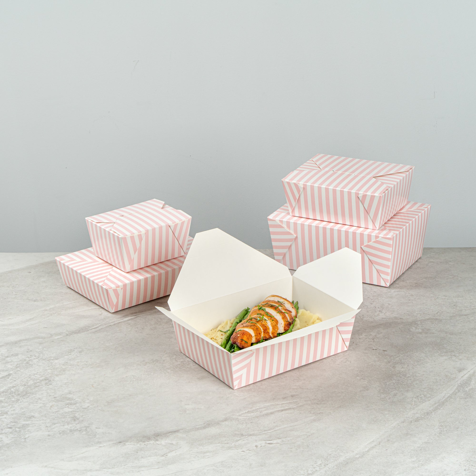 Bio Tek 71 oz Rectangle Pink and White Stripe Paper #3 Bio Box Take Out Container - 8 1/2" x 6 1/4" x 2 1/2" -50 count box