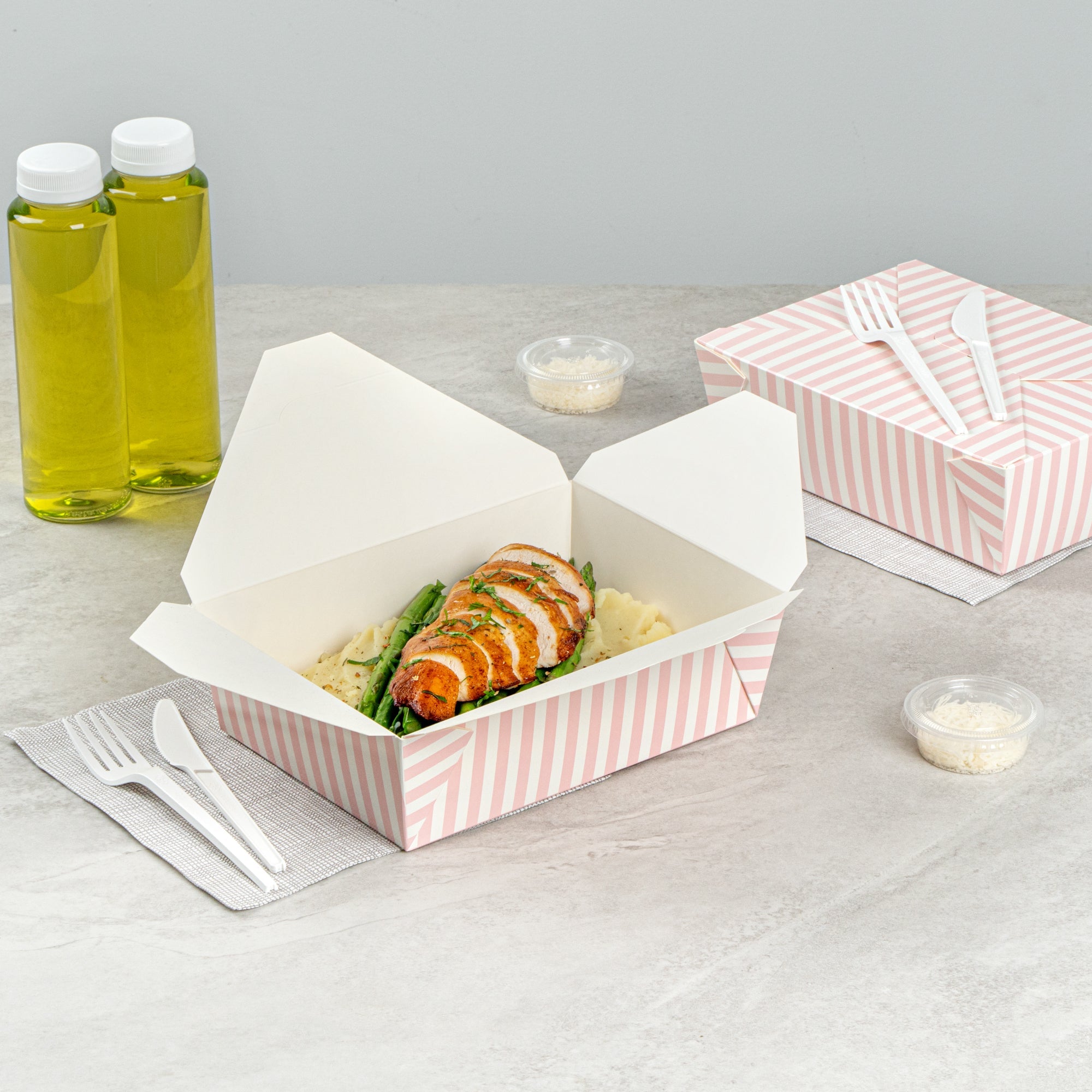 Bio Tek 71 oz Rectangle Pink and White Stripe Paper #3 Bio Box Take Out Container - 8 1/2" x 6 1/4" x 2 1/2" - 200 count box