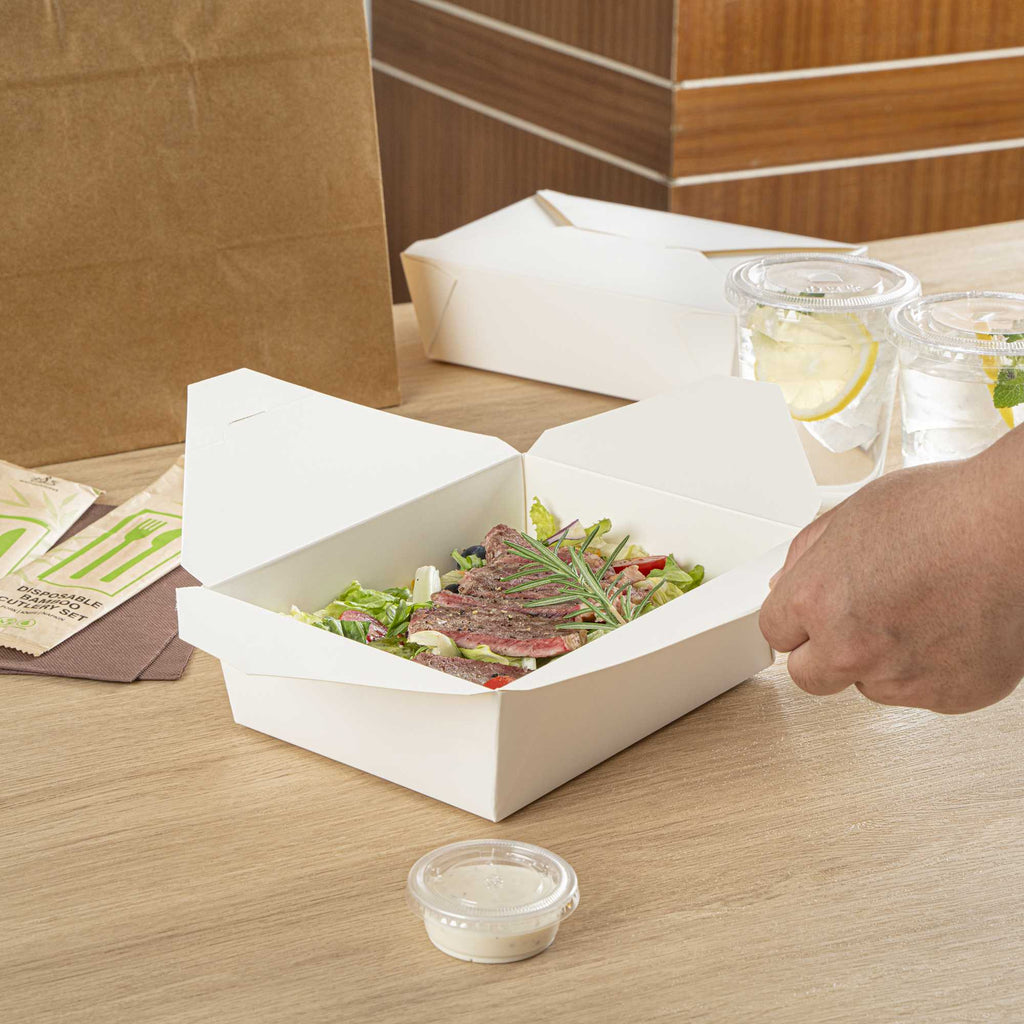 Bio Tek 71 oz Rectangle White Paper #3 Bio Box Take Out Container - 8 1/2" x 6 1/4" x 2 1/2" - 200 count box