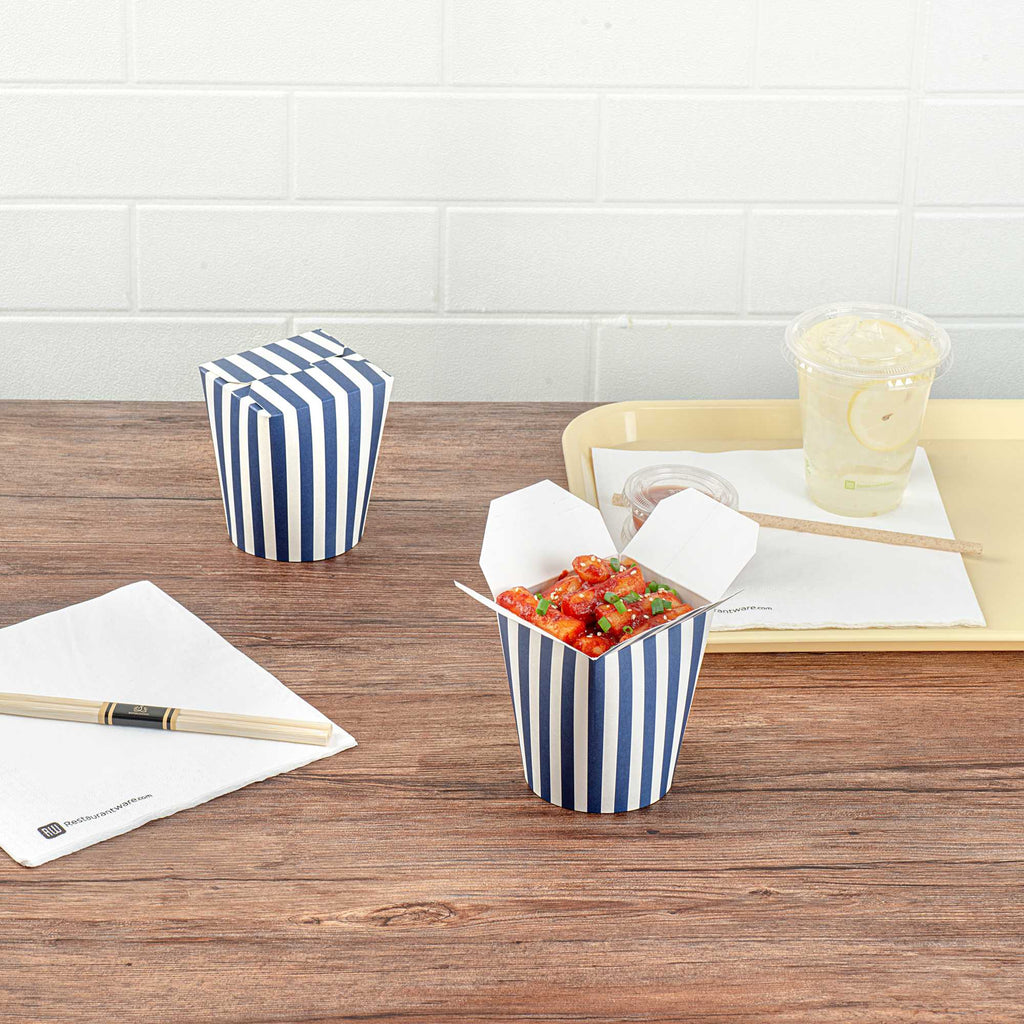 Bio Tek 16 oz Round Blue and White Stripe Paper Noodle Take Out Container - 3 1/4" x 3" x 4" -50 count box