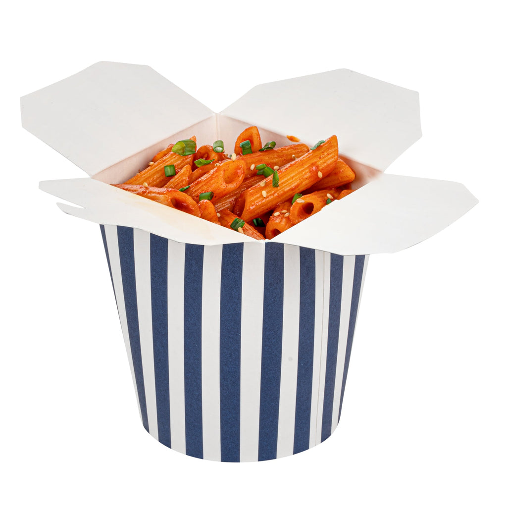 Bio Tek 16 oz Round Blue and White Stripe Paper Noodle Take Out Container - 3 1/4" x 3" x 4" - 200 count box