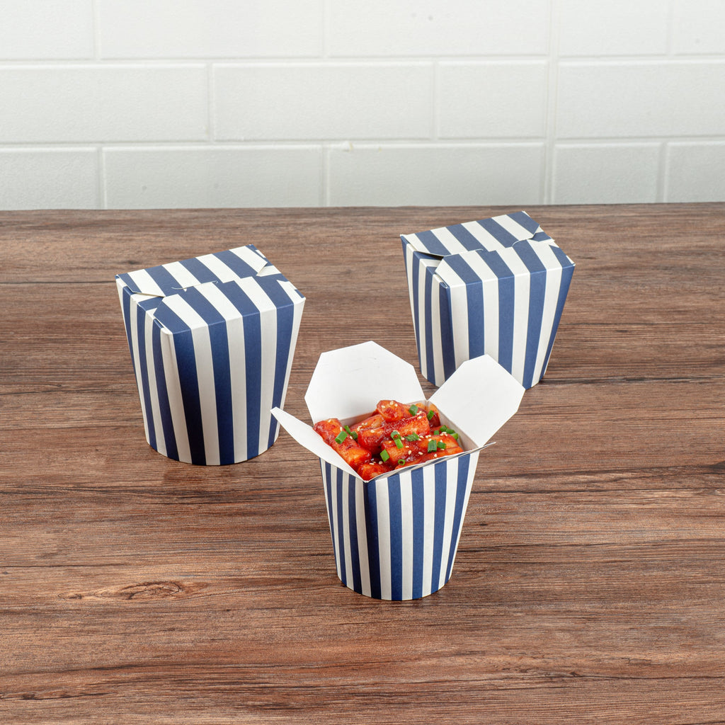 Bio Tek 16 oz Round Blue and White Stripe Paper Noodle Take Out Container - 3 1/4" x 3" x 4" - 200 count box