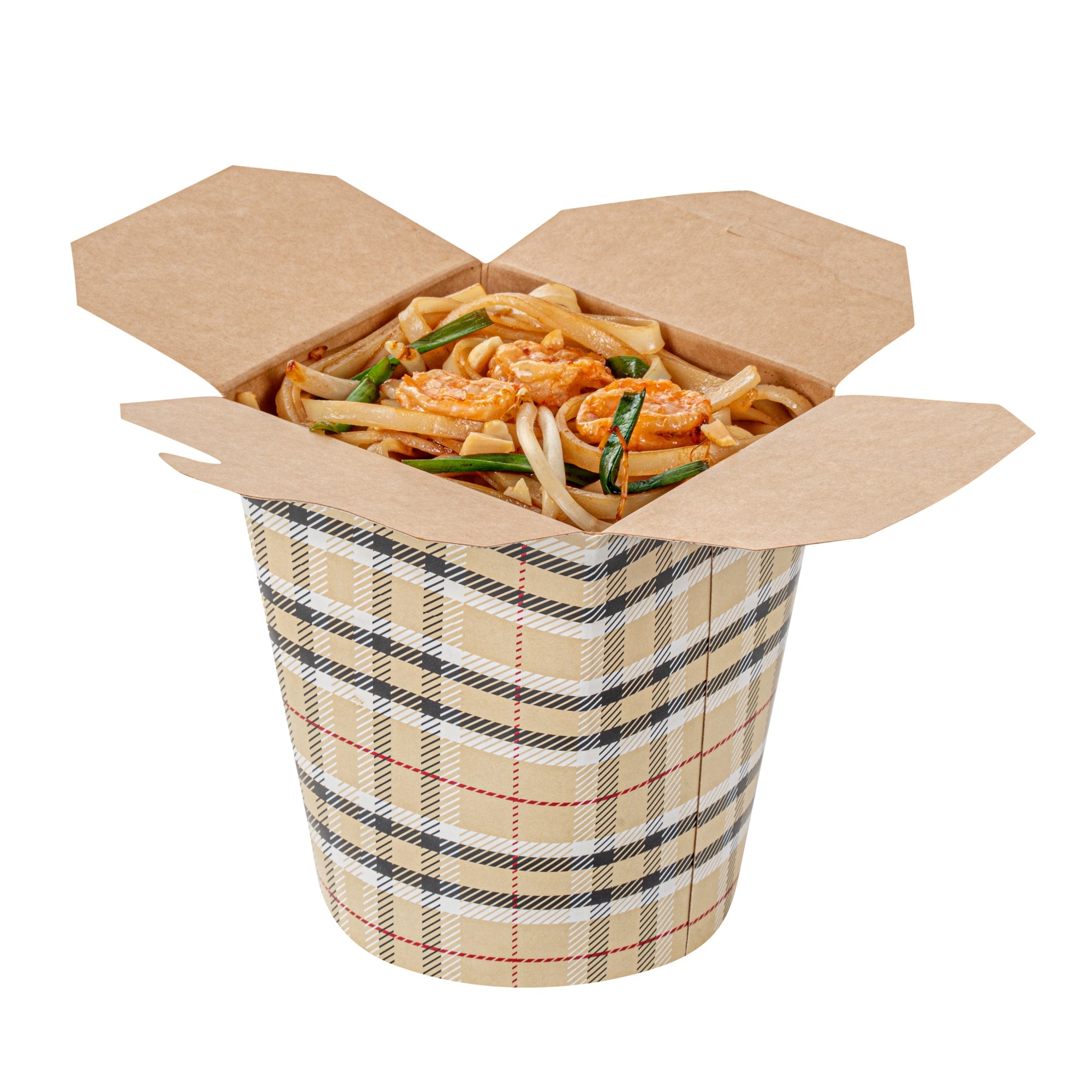 Bio Tek 16 oz Round Plaid Paper Noodle Take Out Container - 3 1/4" x 3" x 4" -50 count box