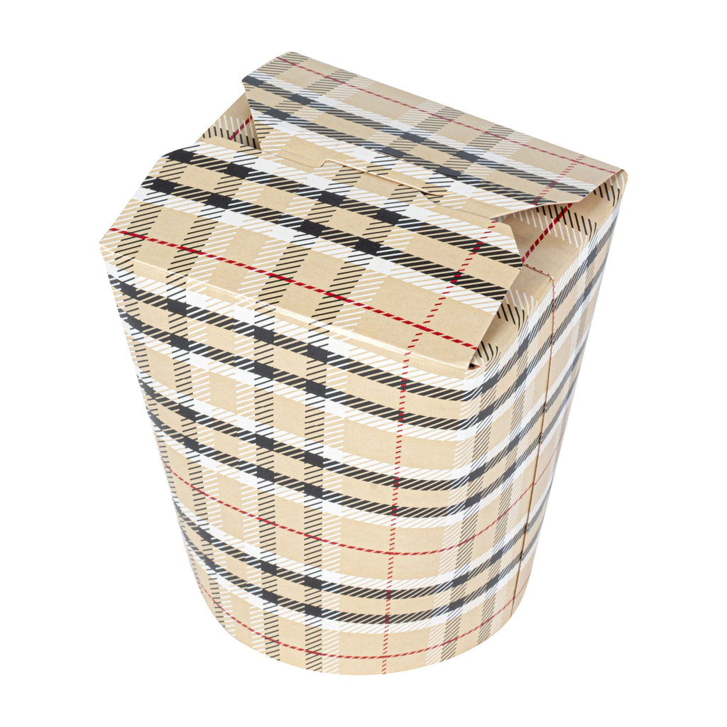 Bio Tek 16 oz Round Plaid Paper Noodle Take Out Container - 3 1/4" x 3" x 4" -50 count box