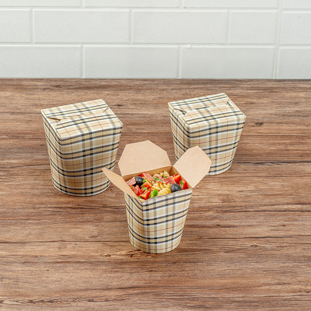 Bio Tek 16 oz Round Plaid Paper Noodle Take Out Container - 3 1/4" x 3" x 4" -50 count box
