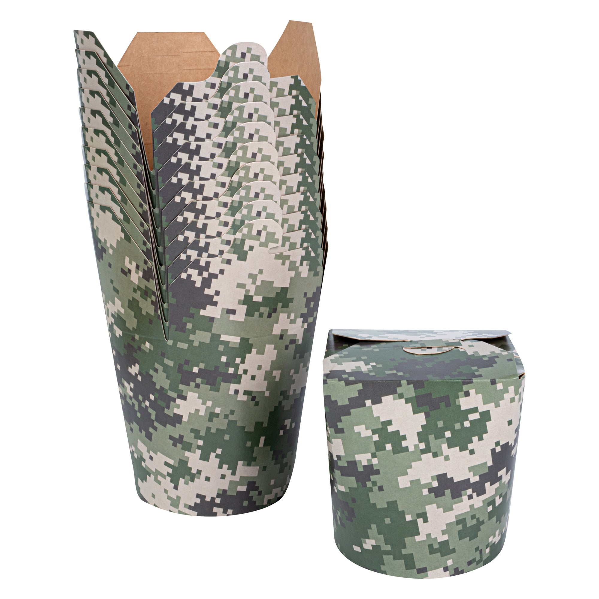 Bio Tek 16 oz Round Camouflage Paper Noodle Take Out Container - 3 1/4" x 3" x 4" -50 count box