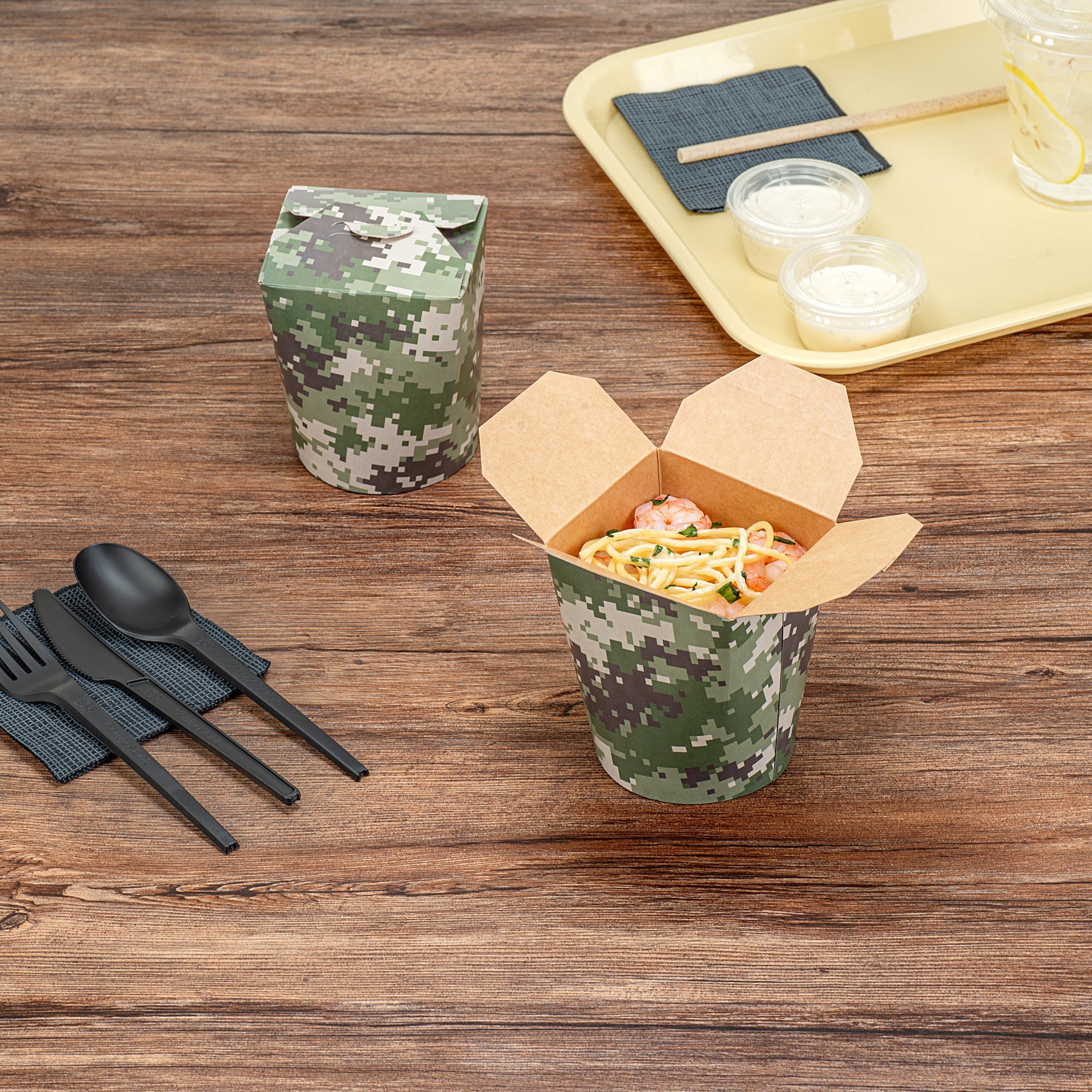 Bio Tek 16 oz Round Camouflage Paper Noodle Take Out Container - 3 1/4" x 3" x 4" -50 count box