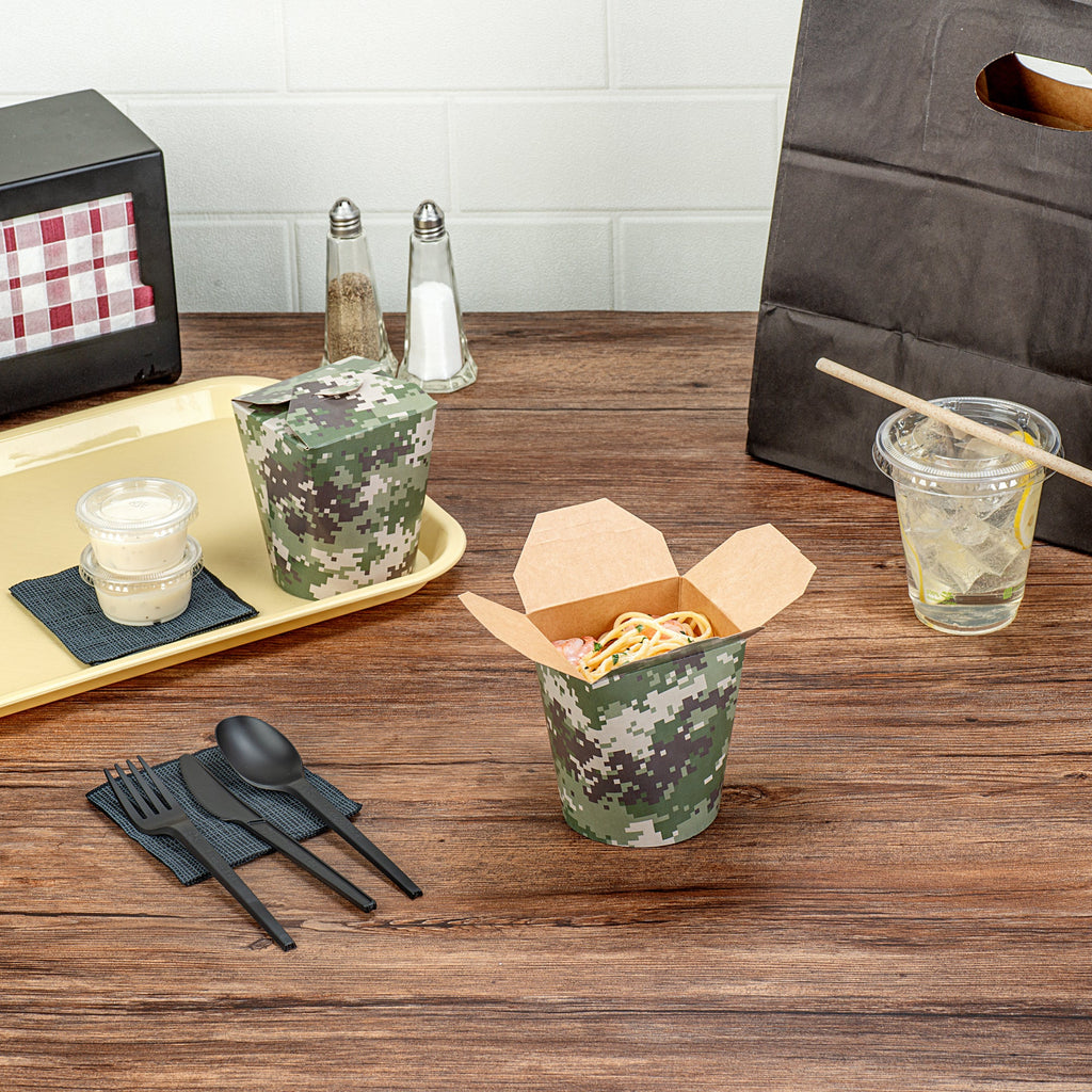 Bio Tek 16 oz Round Camouflage Paper Noodle Take Out Container - 3 1/4" x 3" x 4" -50 count box