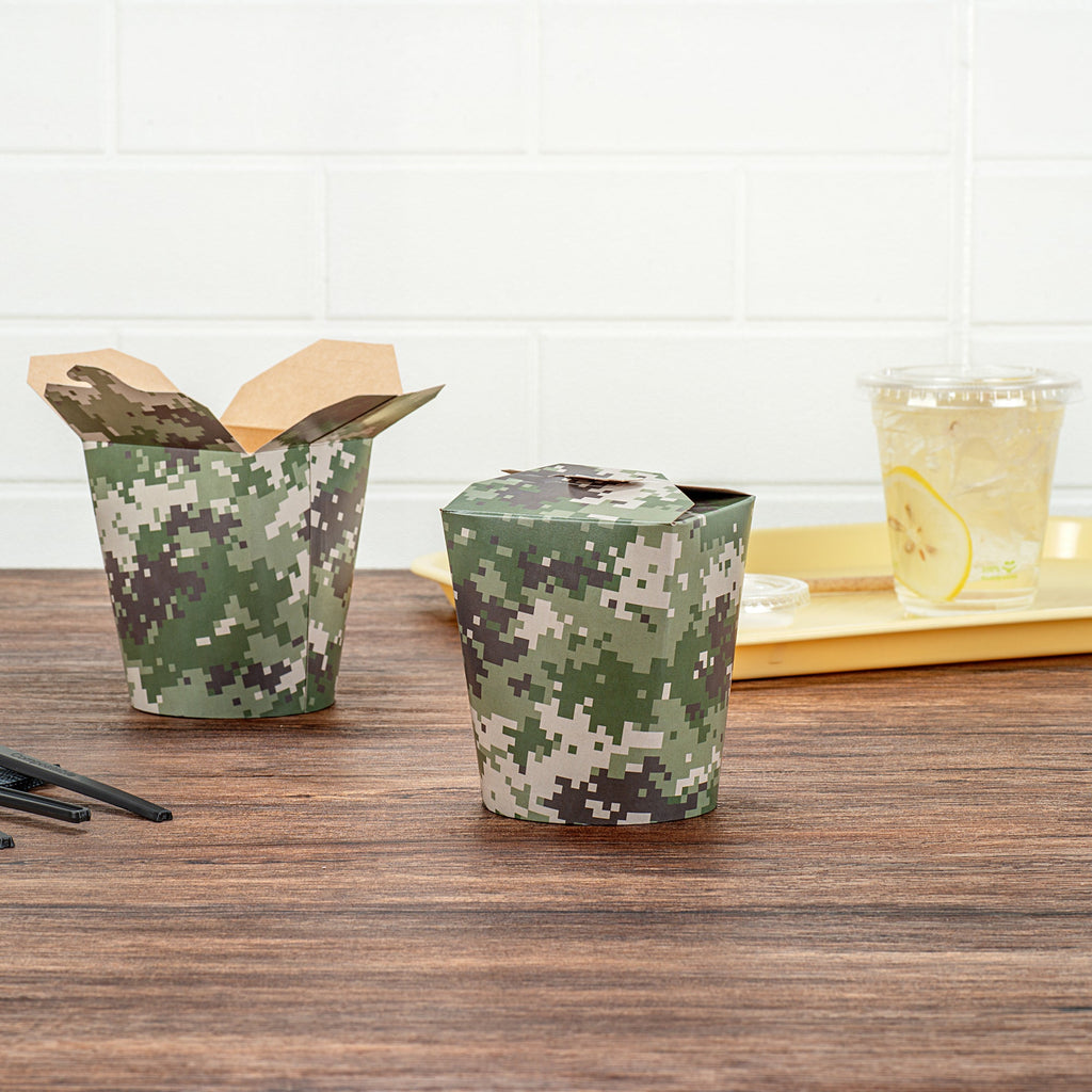 Bio Tek 16 oz Round Camouflage Paper Noodle Take Out Container - 3 1/4" x 3" x 4" - 200 count box
