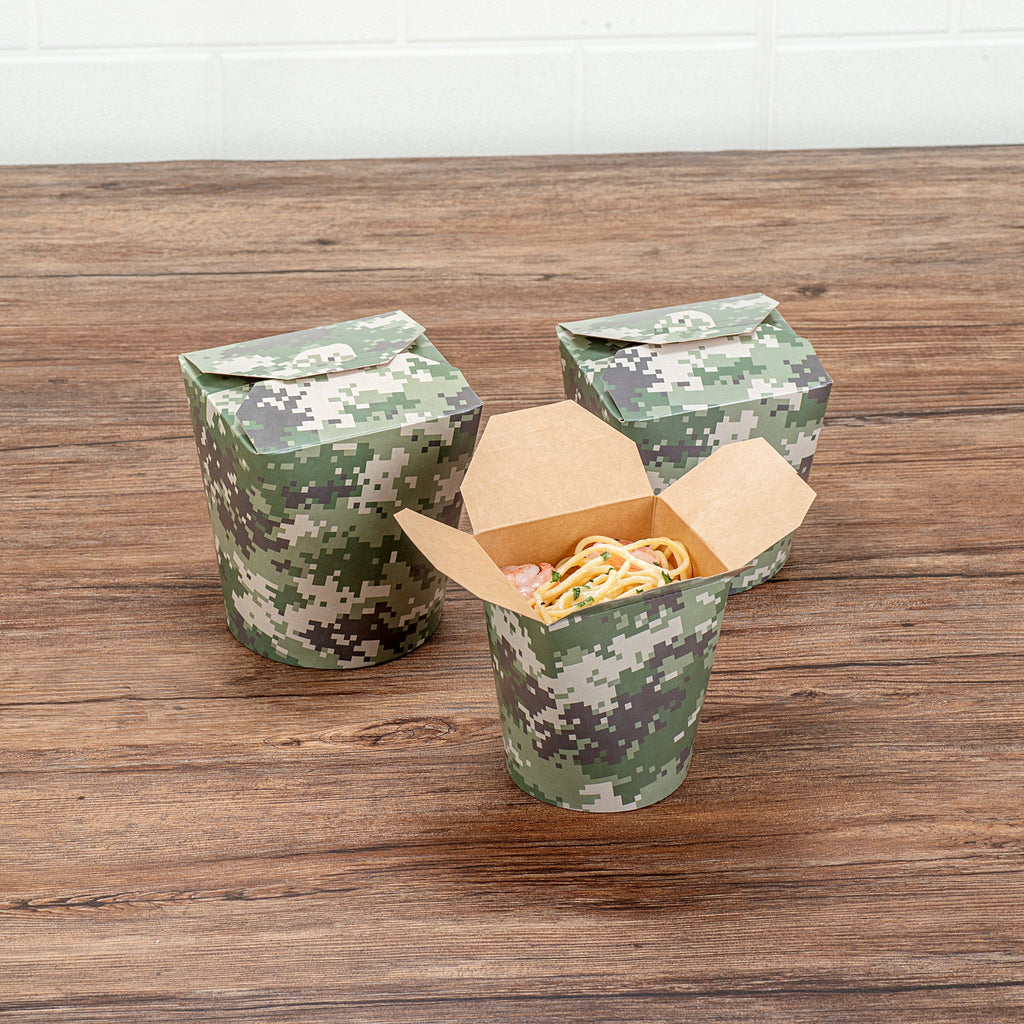 Bio Tek 16 oz Round Camouflage Paper Noodle Take Out Container - 3 1/4" x 3" x 4" - 200 count box
