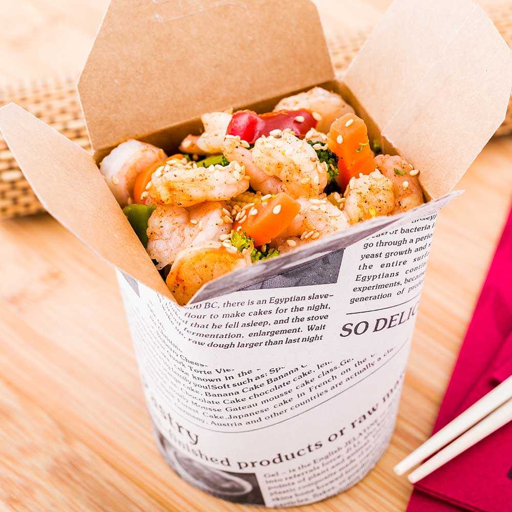Bio Tek 16 oz Round Newsprint Paper Noodle Take Out Container - 3 1/4" x 3" x 4" - 200 count box