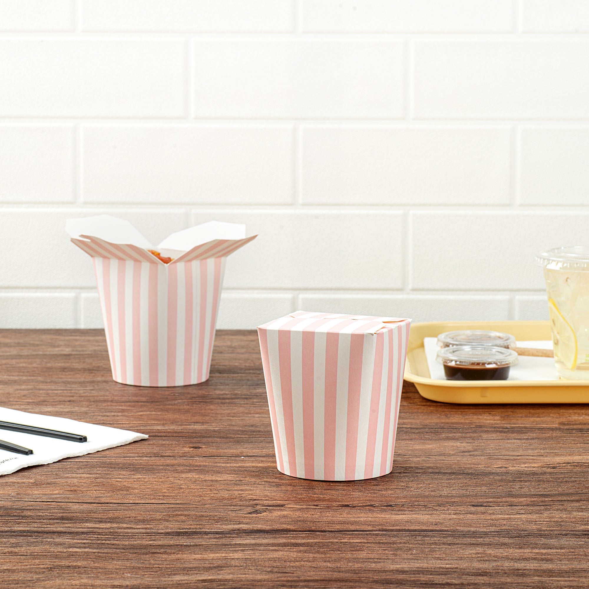 Bio Tek 16 oz Round Pink and White Stripe Paper Noodle Take Out Container - 3 1/4" x 3" x 4" -50 count box