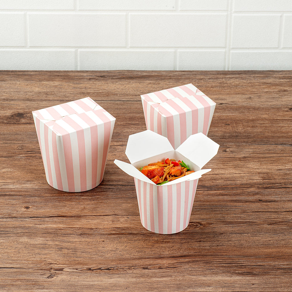 Bio Tek 16 oz Round Pink and White Stripe Paper Noodle Take Out Container - 3 1/4" x 3" x 4" -50 count box
