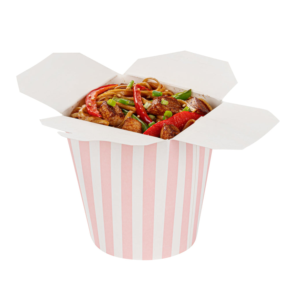 Bio Tek 16 oz Round Pink and White Stripe Paper Noodle Take Out Container - 3 1/4" x 3" x 4" - 200 count box