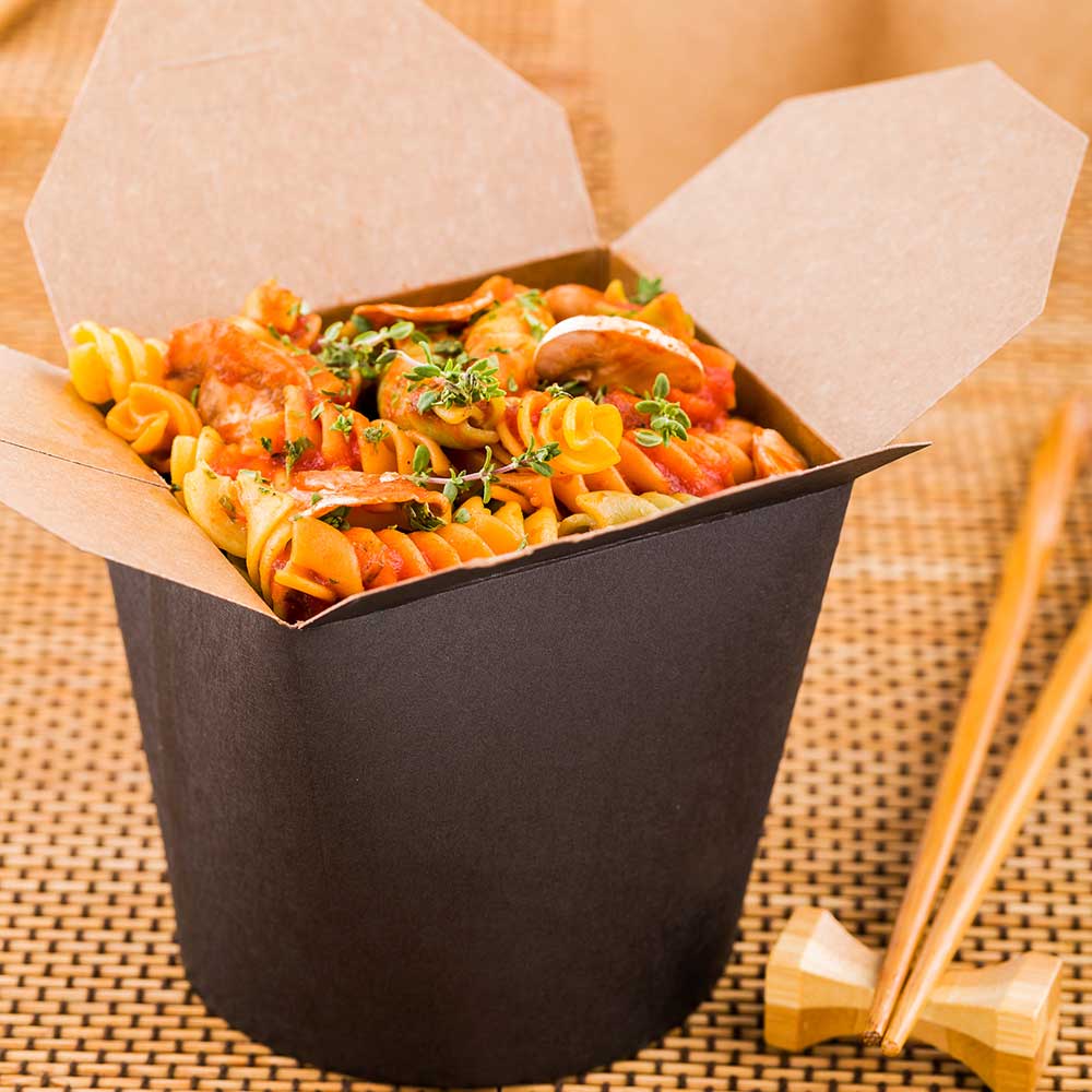 Bio Tek 26 oz Round Black Paper Noodle Take Out Container - 4" x 3 1/2" x 3 3/4" - 200 count box