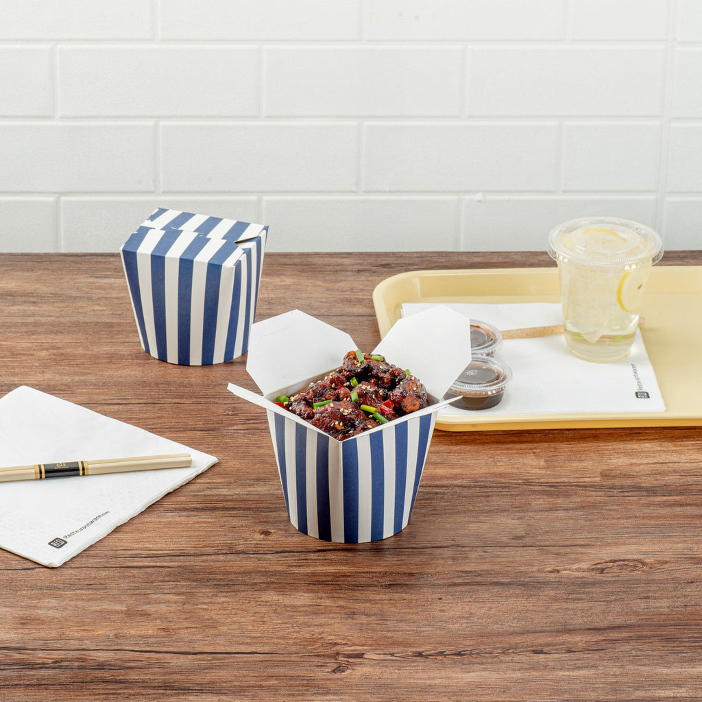 Bio Tek 26 oz Round Blue and White Stripe Paper Noodle Take Out Container - 4" x 3 1/2" x 3 3/4" - 50 count box