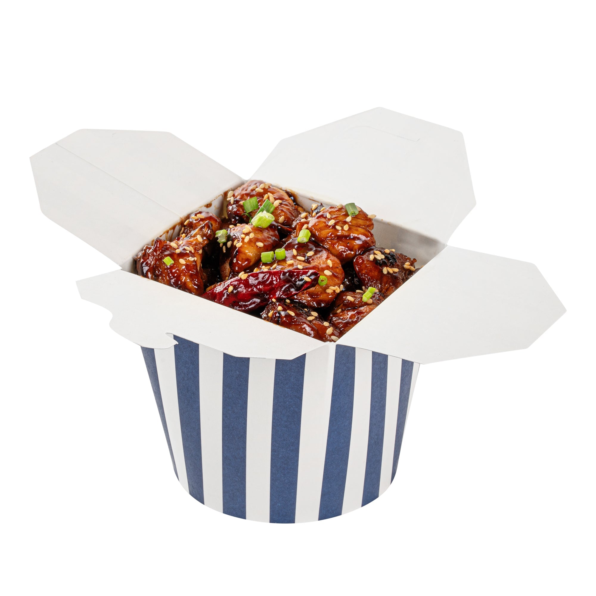 Bio Tek 26 oz Round Blue and White Stripe Paper Noodle Take Out Container - 4" x 3 1/2" x 3 3/4" - 50 count box