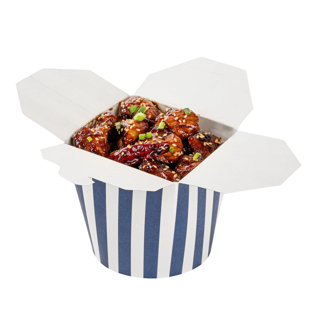 Bio Tek 26 oz Round Blue and White Stripe Paper Noodle Take Out Container - 4" x 3 1/2" x 3 3/4" - 200 count box