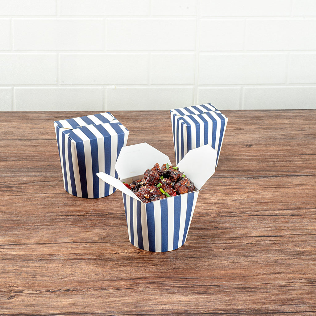 Bio Tek 26 oz Round Blue and White Stripe Paper Noodle Take Out Container - 4" x 3 1/2" x 3 3/4" - 200 count box
