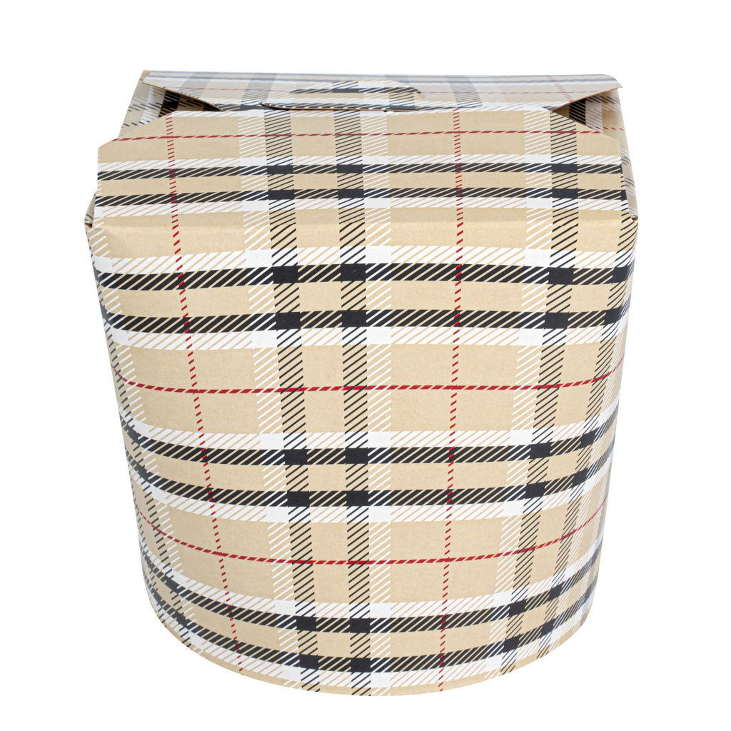 Bio Tek 26 oz Round Plaid Paper Noodle Take Out Container - 4" x 3 1/2" x 3 3/4" - 50 count box