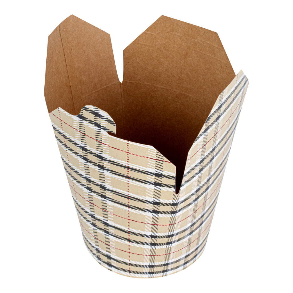 Bio Tek 26 oz Round Plaid Paper Noodle Take Out Container - 4" x 3 1/2" x 3 3/4" - 200 count box