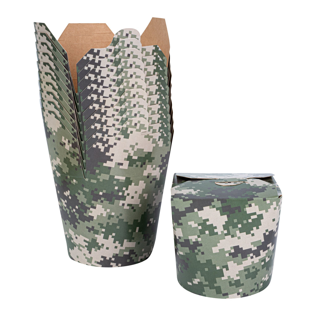 Bio Tek 26 oz Round Camouflage Paper Noodle Take Out Container - 4" x 3 1/2" x 3 3/4" - 200 count box