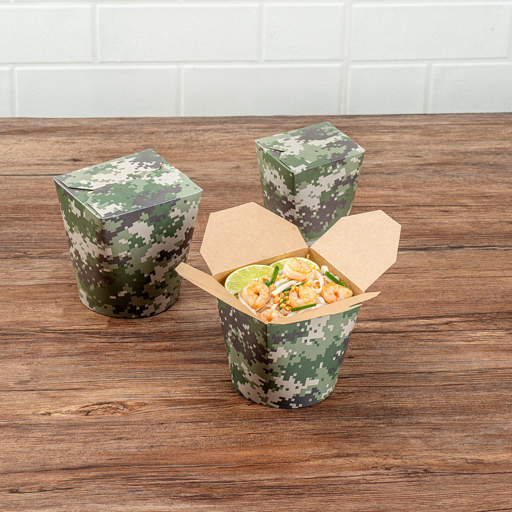 Bio Tek 26 oz Round Camouflage Paper Noodle Take Out Container - 4" x 3 1/2" x 3 3/4" - 50 count box