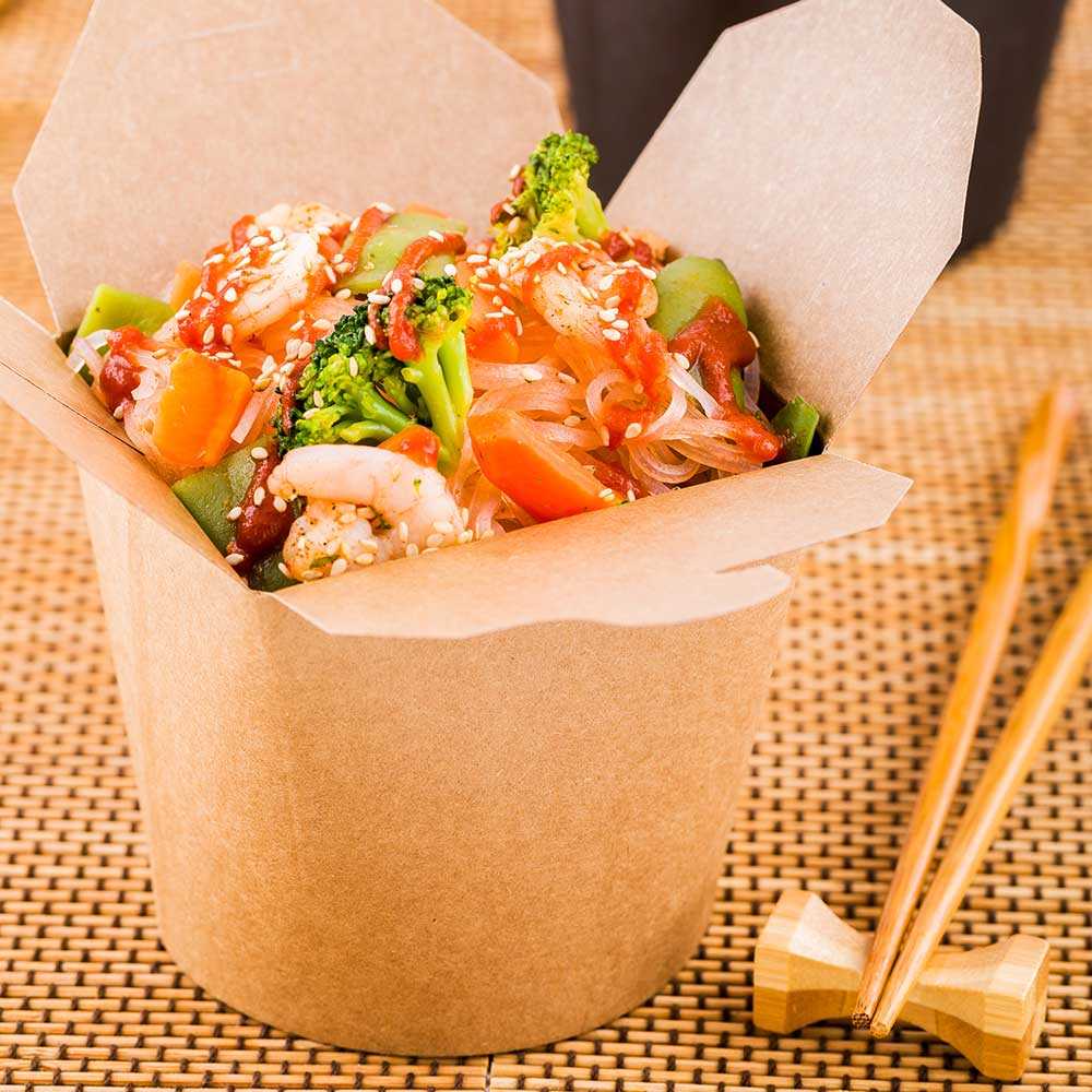 Bio Tek 26 oz Round Kraft Paper Noodle Take Out Container - 4" x 3 1/2" x 3 3/4" - 200 count box