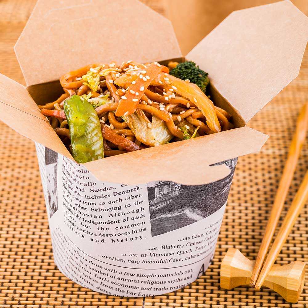 Bio Tek 26 oz Round Newsprint Paper Noodle Take Out Container - 4" x 3 1/2" x 3 3/4" - 200 count box