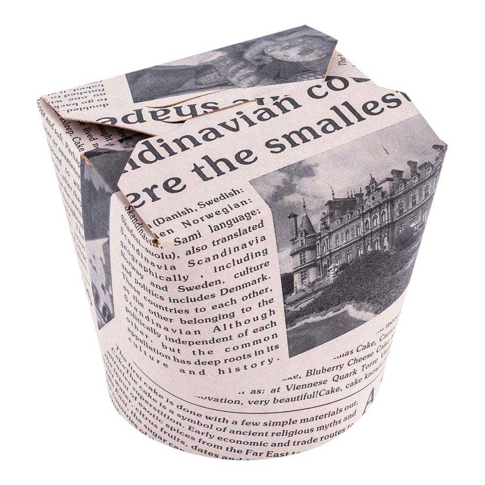 Bio Tek 26 oz Round Newsprint Paper Noodle Take Out Container - 4" x 3 1/2" x 3 3/4" - 50 count box