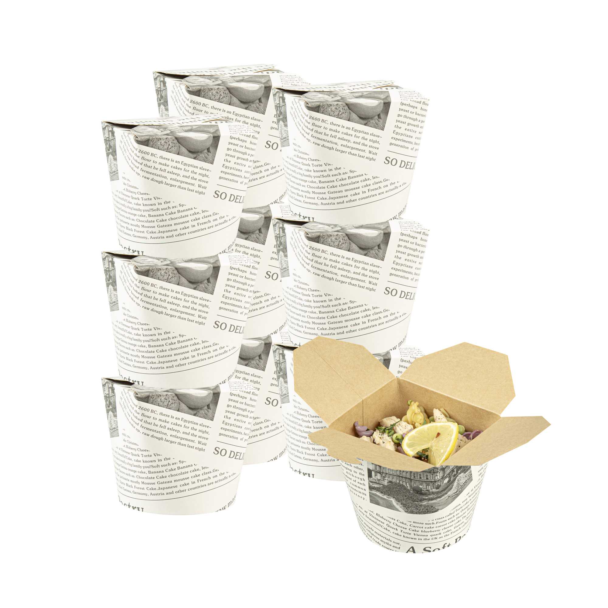 Bio Tek 26 oz Round Newsprint Paper Noodle Take Out Container - 4" x 3 1/2" x 3 3/4" - 50 count box